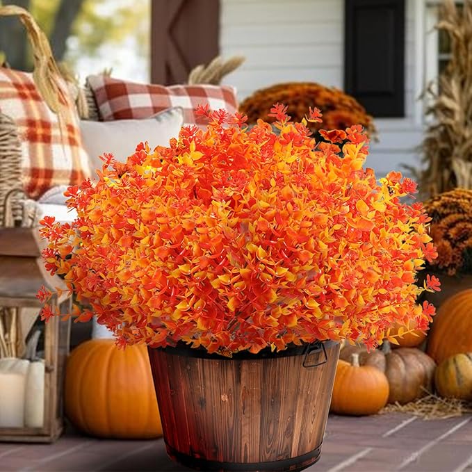 Artificial Fall Flowers for Outdoors, 10 Bundles Artificial Plants UV Resistant Fall Fake Mums Plants for Outside Halloween Christmas Porch Decoration Fall Decor(Orange(Eucalyptus))