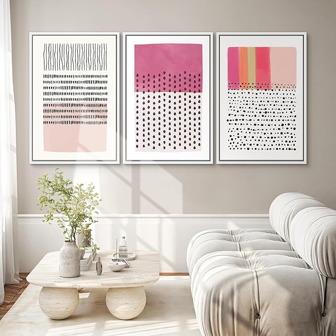 SIGNWIN Framed Canvas Print Wall Art Set Pink Geometric Color Block Collage Abstract Shapes Illustrations Modern Art Contemporary Minimal Ultra for Living Room, Bedroom, Office - 16"x24"x3 White