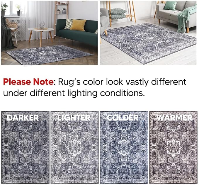 Keen Home Design Area Rugs - Non-Shedding, Thick Pile Abstract Rugs for Kitchen, Living Room, Bedroom, Dining Room, Entryway (Medallion Grey/Blue/Cream, 7'3'' x 10'2'')