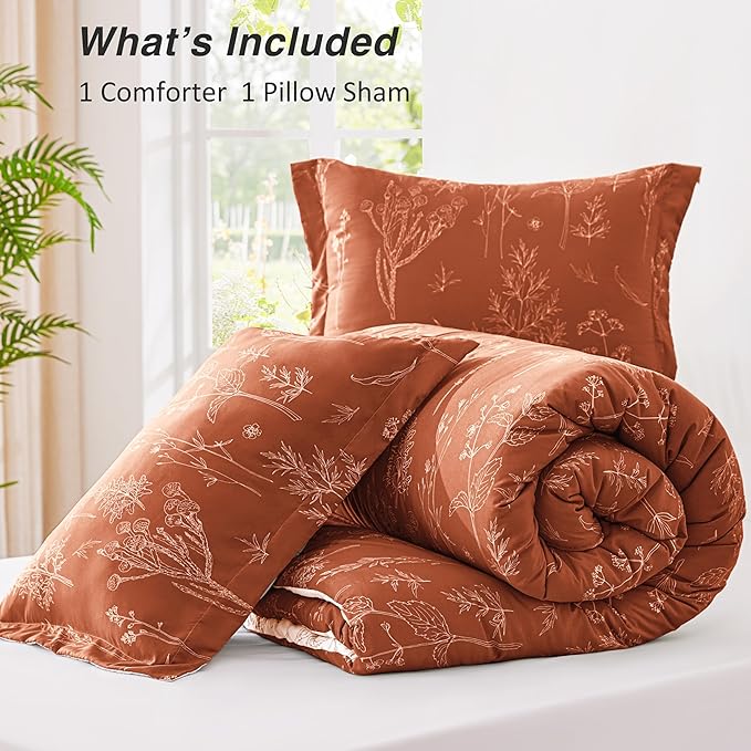 Love's cabin Terracotta Twin Comforter Set - Twin XL Size Comforter Set Dorm Bedding, 2 Pieces Cute Floral Bedding, Soft Reversible Flowers Comforter, 1 Comforter & 1 Pillow Sham
