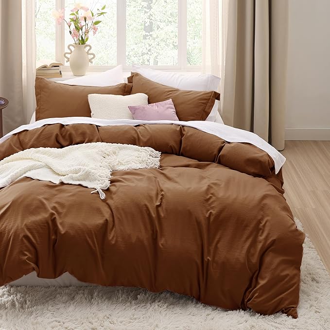 Bedsure Brown Duvet Cover Queen Size - 3 Pieces Prewashed Cotton-Like Extra Soft Bedding Set, Includes 1 Duvet Cover 90x90 Inches with Zipper Closure & 2 Pillow Shams, Comforter Not Included