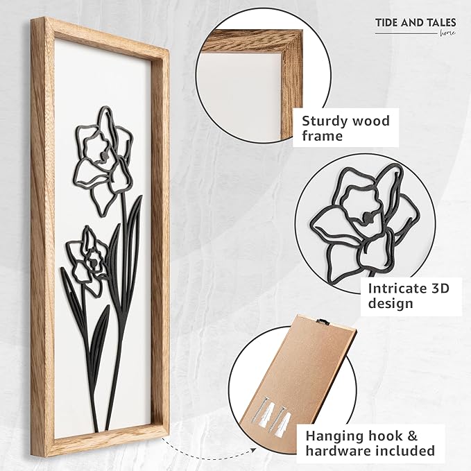 3D Black and White Wall Art (Set of 2) Lightweight, Wooden Ready-to-Hang Framed Floral Wall Art for Bathroom, Bedroom, Living Room or Office – Boho Botanical Farmhouse Decor – Gift-Boxed