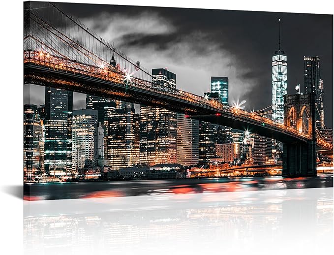 RyounoArt New York City Pictures Wall Art NYC Skyline Canvas Paintings Brooklyn Night Cityscape Prints Wall Decor Framed 20x36 Inch