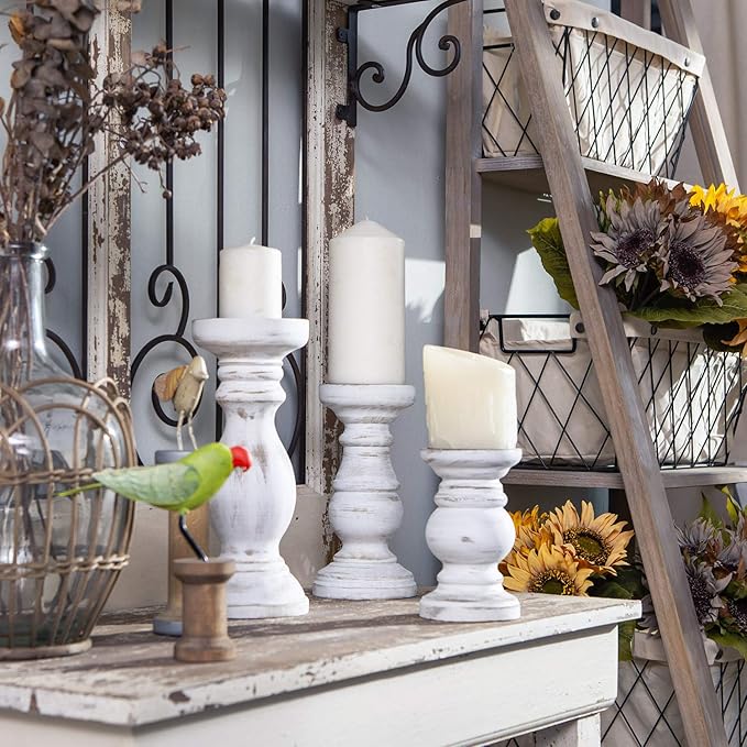 NIKKY HOME Pillar Candle Holder Set of 3 - Farmhouse Wood Candle Stand, Mantle Decor Centerpieces for Fireplace, Living or Dining Room Table, Distressed White