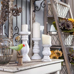 NIKKY HOME Pillar Candle Holder Set of 3 - Farmhouse Wood Candle Stand, Mantle Decor Centerpieces for Fireplace, Living or Dining Room Table, Distressed White