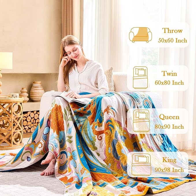 Boho Throw Blanket, Lightweight Blankets for Summer, 100% Cotton Bohemian Decorative Throw Blanket, 90"x98" Reversible Muslin Breathable Woven Farmhouse Blankets Quilt,