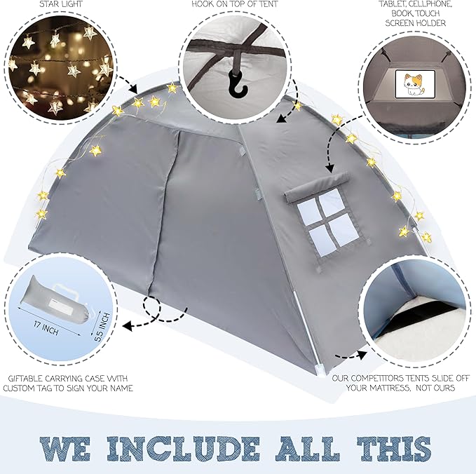 Gray Twin Bed Tent for Kids Indoor Fort - Magical Dream Tents for Boys Pop Up Toddler Bed Canopy for Girls Bunk Bed Tent for Top Bunk - Sensory Sleep Pod for Kids Educational