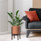 D'vine Dev Terracotta Planter with Walnut Color Stand - 8 Inch Modern Round Flower Pot with Wood Planter Holder, Terracotta, 55-B-Y-5