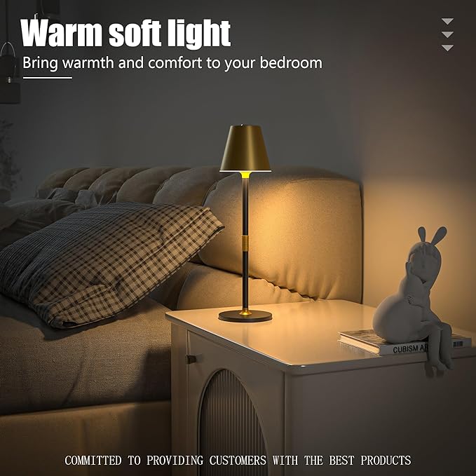 LED CordlessTable Lamp,4000mAh Rechargeable Battery Desk lamp,3 Level Brightness Beside Night Light, Minimalist Design, for Couple Dinner/Coffee Table/Restaurant/Bedroom(Gold&Black 4PACK)