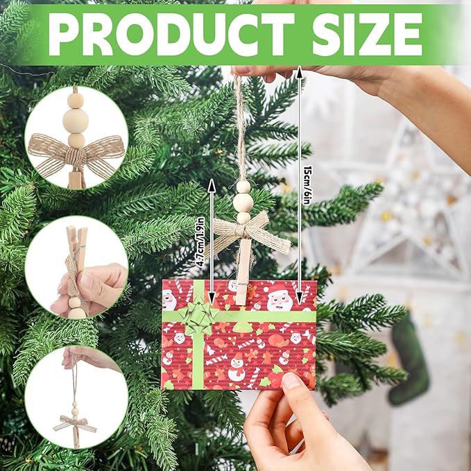 24 Pcs Christmas Hanging Photo Display Clips Boho Wooden Bead Photo Clips for Christmas Tree Decor Hanging Card Picture Display Holder for Xmas Holiday Wedding Party Decoration