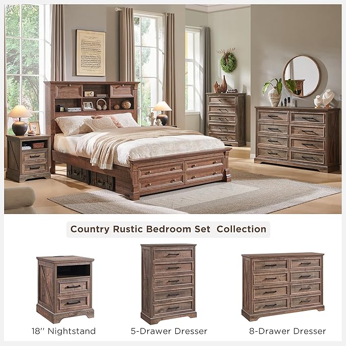 ACCOHOHO 18" Farmhouse Nightstand Set of 2 with Charging Station,End Table with 2 Drawers Storage,Side Table,Bedside Cabinet for Bedroom,Living Room, Light Brown