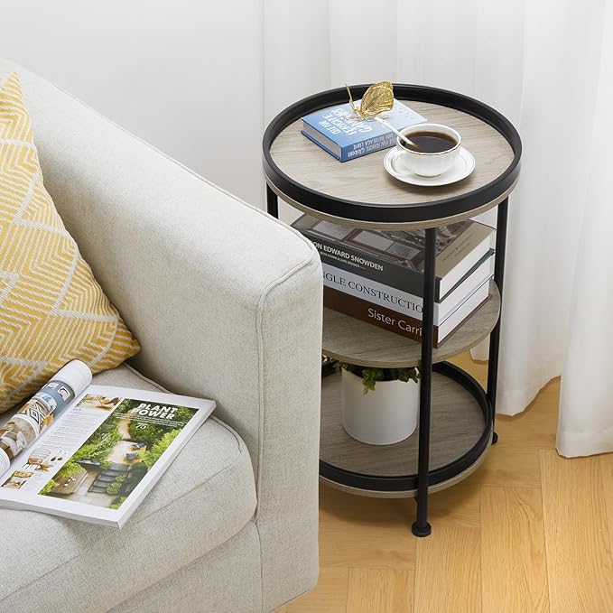 Dulcii Side Table, Round End Table with 3 Storage Shelves for Living Room, Bedroom, Nightstand with Steel Frame for Small Spaces, Industrial Round Sofa Table, Outdoor Accent Coffee Table, Oak