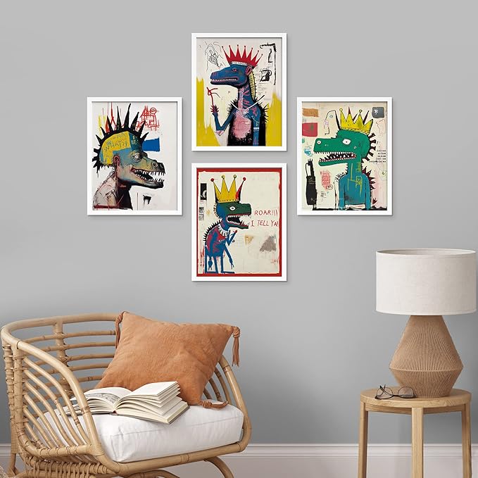 SIGNWIN Framed Vintage Retro Antique Basquiat Dinosaur Print Wall Art, Set of 4 Illustration Wall Decor Prints, Multicolor Contemporary Wall Décor for Living Room, Bedroom - 8"x10" White