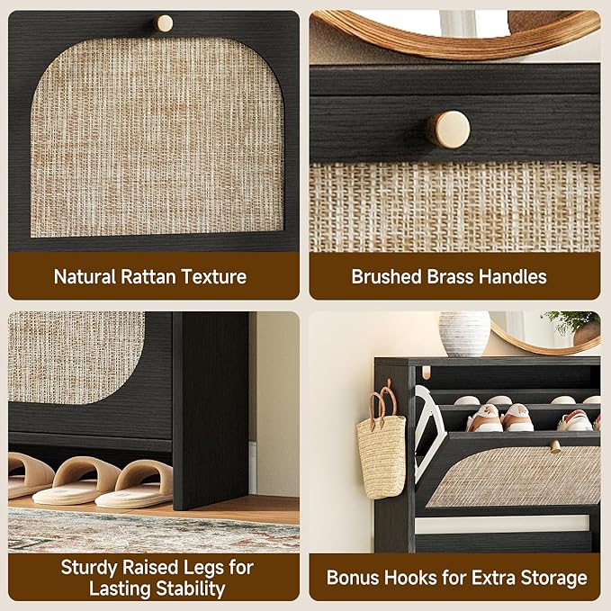 Nicetree Freestanding Arched Rattan Accent Ultra Slim Shoe Cabinet for Entryway - 4 Flip Drawers & 3-Tier Adjustable Shelves, Farmhouse Modern Rustic Shoe Rack for Hallway, Foyer, Living Room