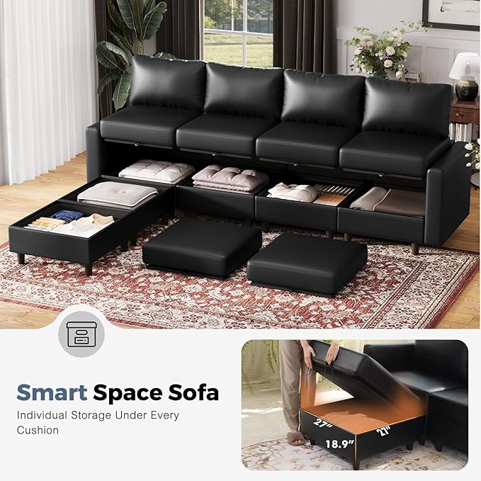 118.5" Faux Leather Modular Sectional Sofa, L Shaped Couch Set for Living Room, 6-Seater Comfy Cloud Couches with Movable Storage Ottoman Black