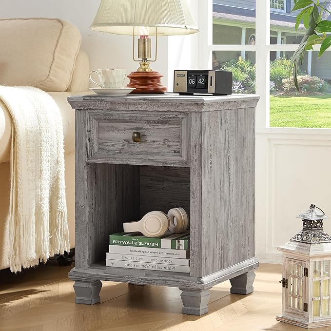 Farmhouse Side Table with Charging Station, Rustic Wood End Table with Drawer, Small Nightstand with Open Shelf for Bedroom, End Tables for Living Room, Grey