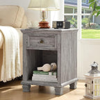 Farmhouse Side Table Set of 2 with Charging Station, Rustic Wood End Table with Drawer, Small Nightstands with Open Shelf for Bedroom, End Tables for Living Room, Grey