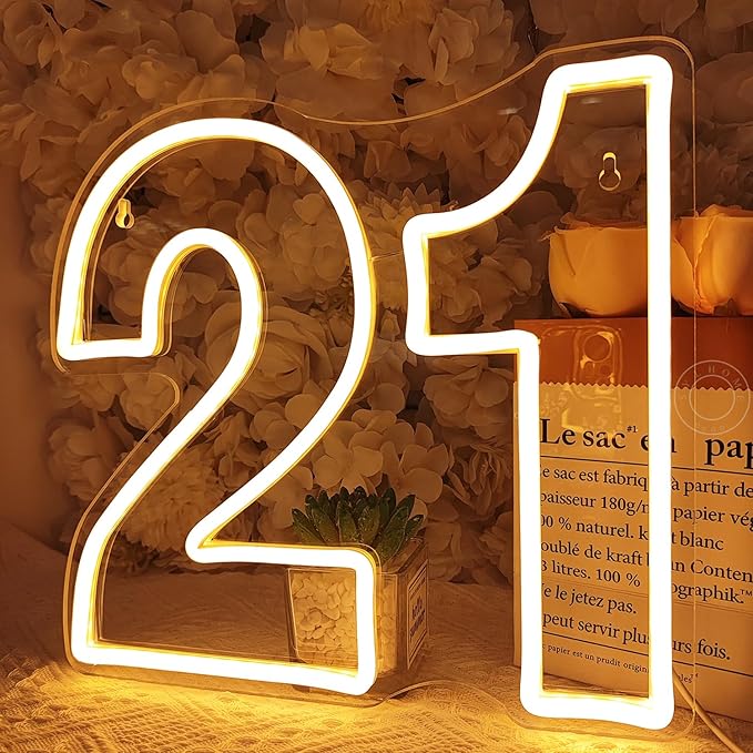 SYLHOME 21 Twenty one Led Neon Light Sign 21th Happy Birthday Party Anniversary Wall Decor Sign Number Table Sign Home Bar Pub Club Wedding Decor USB 12"X11"