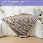 Bigacogo Chunky Knit Throw Blanket for Couch, 40x60 inches, 100% Hand Knitted with Thick Jumbo Chenille Yarn, Cozy Soft Large Rope Knot Cable Crochet Blankets for Sofa Bed Living Room, Taupe