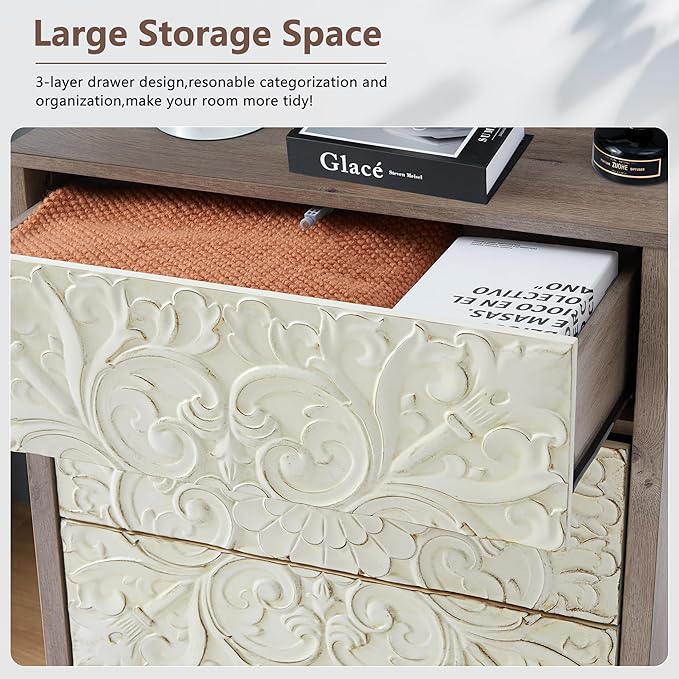 3 Drawer Dresser, Vintage French Chest of Drawers with Storage, Farmhouse Distressed Boho Nightstands Set of 2, Small Wide Dresser for Bedroom Hallway Living Room Entryway (2, Rustic Brown Gray)