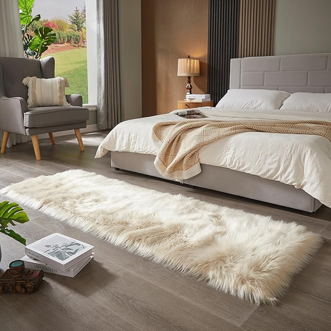 AMTOVO Faux Fur Rug, Beige Ultra Soft Fluffy Shag Sheepskin Rug, 2 x 6 ft Runner Area Rugs for Bedroom Sofa Throw Cushion Room Decor, Rectangle