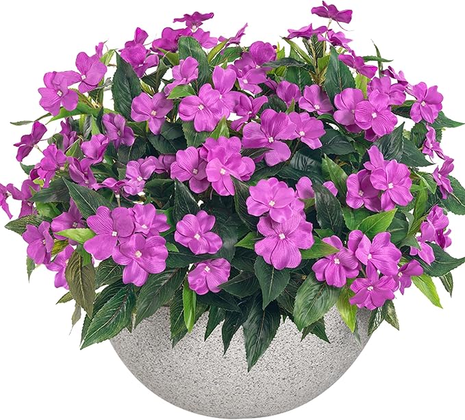 UUqueeten15.7” Fall Decorations for Home Fake Fall Flowers Fake Plants Artificial Impatiens Bouquet Flowers for Outdoors Silk Faux Flowers Impatiens Plants Decor Indoor Planters 8PCS (Purple)