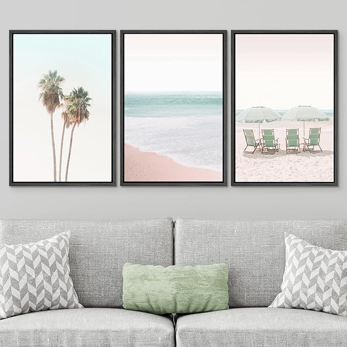 SIGNWIN Framed Canvas Print Wall Art Set Retro Vintage Pastel Tropical Island Beach Nature Wilderness Photography Modern Art Landscape Relax/Calm for Living Room, Bedroom, Office - 16"x24"x3 Black