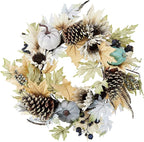 Admired By Nature 24 Inch Artificial Pumpkin Sunflower Fall Wreath Wall Door Farmhouse Decor For Home Office Thanksgiving Harvest Wreaths For Front Door Cemetery Wreaths Indoor Outdoor, Rustic White