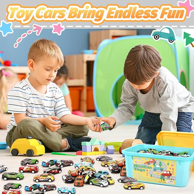 SevenQ Toy Cars Party Favors for Kids, 72Pcs Pull Back Cars Playsets with Storage Box, Mini Toys Race Cars for Kids Goodie Bags Toddler Toys Bulk Prizes Rewards