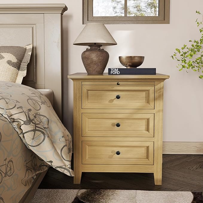 Harvin 3 Drawers Nightstand, Solid Wood End Table with Pull-Out Shelf, Timeless Classic Side Table for Bedroom, Living Room or Home Offices