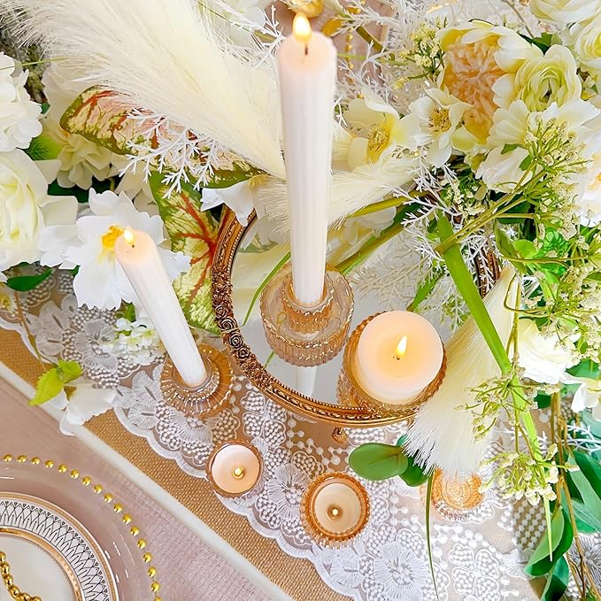 Double Sided Vintage Ribbed Taper Glass Candle Holders,Tea Candle Holder for Table Centerpieces, Wedding Decorations and Dinner Parties (Gold, 6PCS)