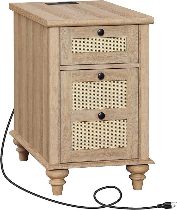 WAMPAT Farmhouse End Table with Charging Station, Rattan Side Table with Drawer & Storage Cabinet, Wooden Oak Nightstand with Power Outlets & USB Ports for Living Room, Bedroom, Burlywood