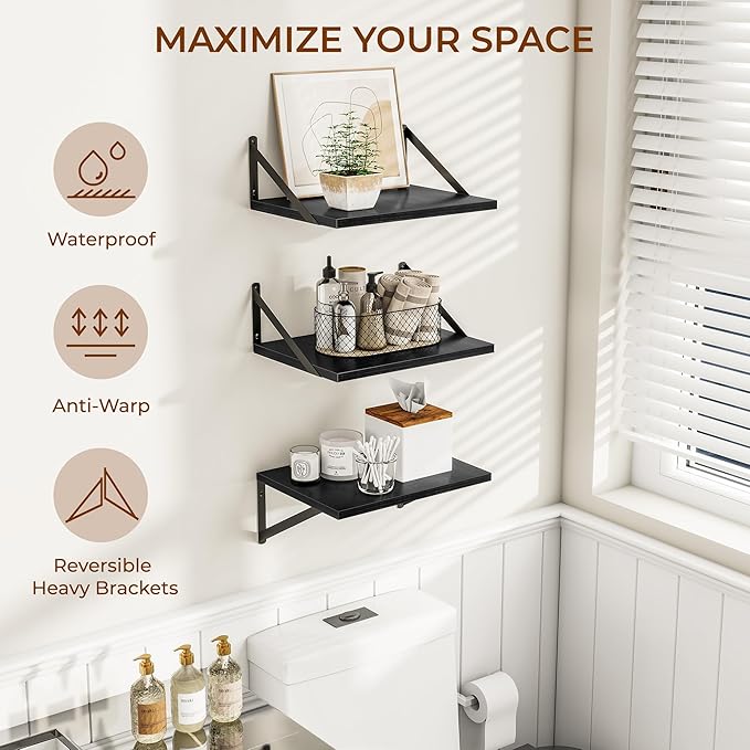 Heimlove Deep Floating Shelves for Wall, 12 Inch Deep Floating Shelves Set of 3, 16W x 12D Wood Wall Shelves, Wide Wood Shelves with Metal Bracket for Living Room, Kitchen, Office, Bedroom - Black