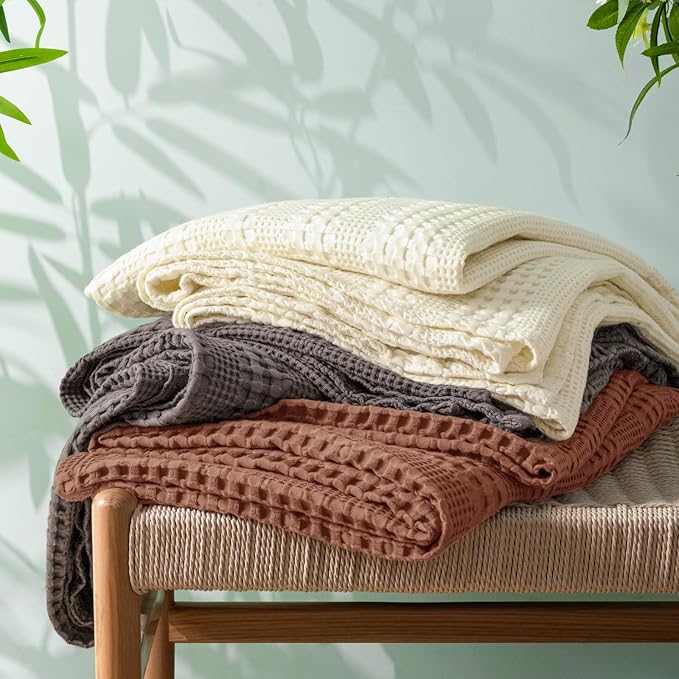 PHF Cooling Waffle Blanket Twin Size, Lightweight 60% Rayon Derived Bamboo & 40% Cotton Breathable Blanket for Hot Sleepers, Soft and Luxury for Bed Couch and Sofa, 66"x90", Ivory