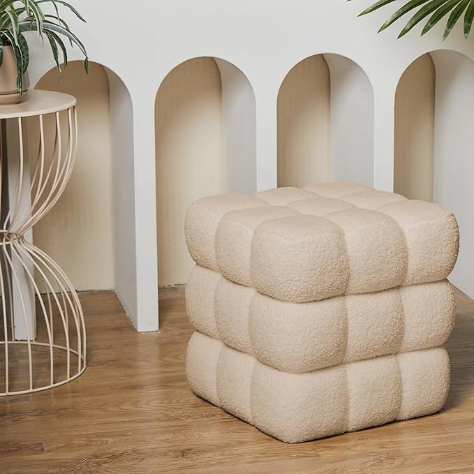 17''3 Square Ottoman Pouf Installed,Sturdy Wooden Frame,Capacity 330 lbs,Modern Sofa Stool Fuzzy Sherpa Footstool,Foot Rest,Cube Boucle,Vanity Stool,for Couch Living Room(Peach Fur)