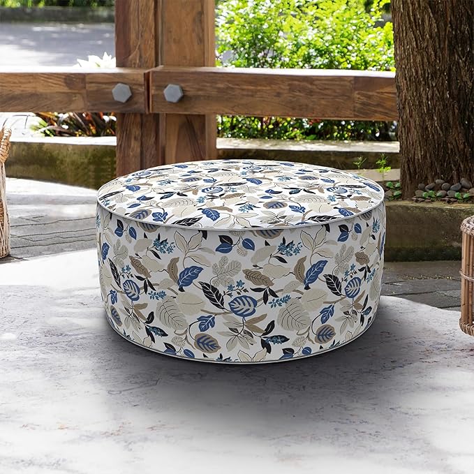 LVTXIII Indoor/Outdoor Inflatable Ottoman, D31 x H14 Inch Large Round Ottoman, All Weather Foot Rest Stool, Portable Footrest for Patio, Garden, Camping and Home - Breeze Leaves Beige