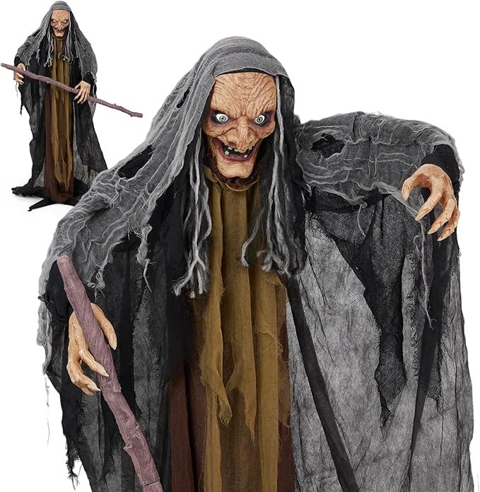 AW Animated Halloween Decorations,Scary Witch with Crutch,5.3FT Life Size Standing Clown,Motion/Sound Activated LED Eyes Creepy Sound,Haunted House Props Party Outdoor Indoor Lawn Yard Patio 2025