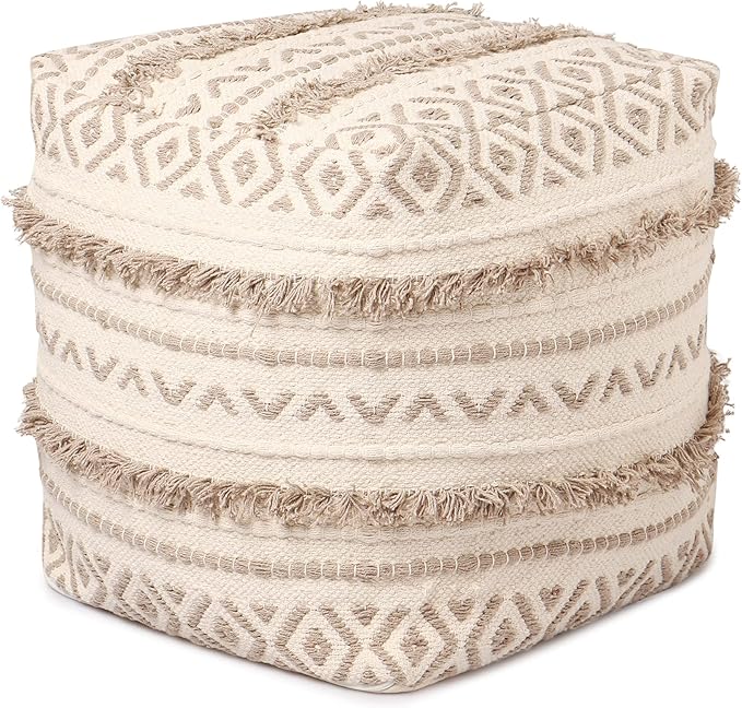 REDEARTH · Tufted Pouf Ottoman with Filler Textured Storage Cube Bean Bag Pouffe Footrest for Living Room, Bedroom, Nursery, Kidsroom; 100% Cotton (17.5"X17.5"X17.5", Geometric Craft Taupe)