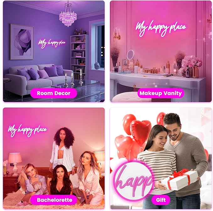 Kavaas My Happy Place Neon Signs 16.9" x 5.9", Pink LED Light Up Signs for Wall Decor | My Happy Place Sign for Girls Bedroom, Bar, Office, Dorms