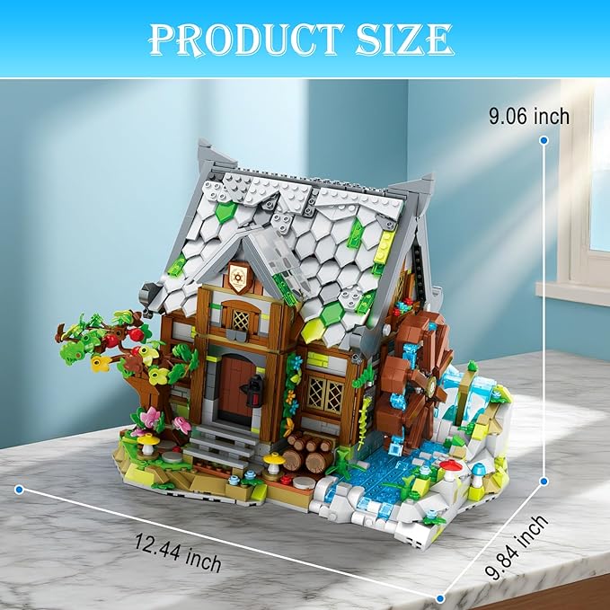 Medieval Watermill Building Set – 1873 PCS Medieval House with Rotating Water Wheel, Architecture Collectible Building Bricks Kit for Adults and Medieval Village Fans