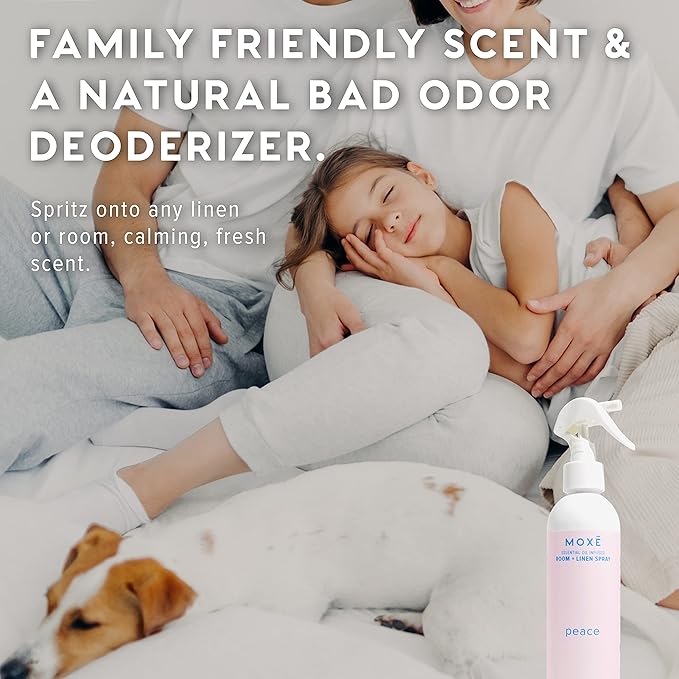 MOXĒ Peace Linen & Room Spray, Zen-Ful Essential Oils, Natural Aromatherapy Mist, Home & Bedroom, Office, Furniture, Bedding, Pillows, Sheets, Bergamot, Lime, Mandarin, Geranium, 8 Ounces (1 Pack)