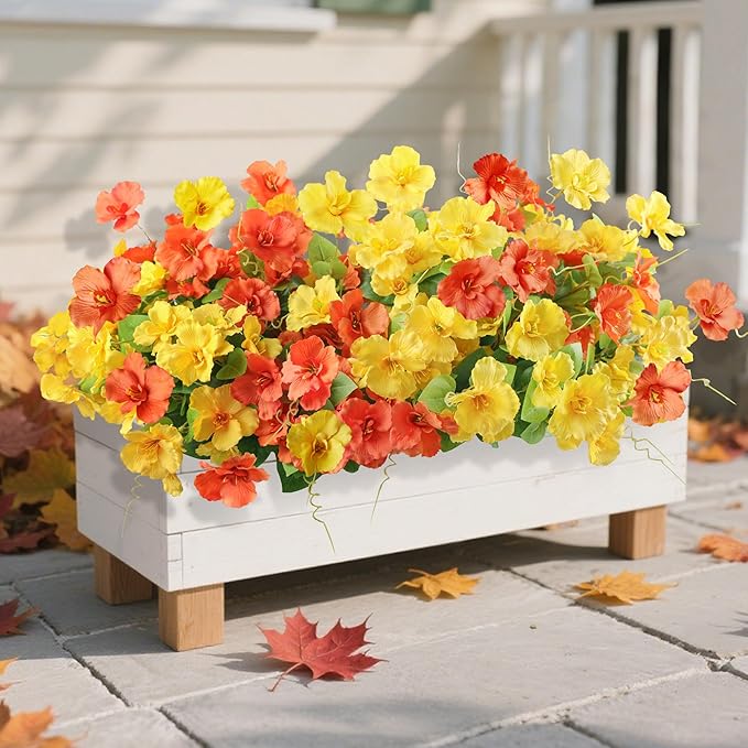Fall Flowers Fake Flowers Mums for Outdoors Autumn Decoration, 6 Bundles Artificial Flowers Faux Silk Plants Realistic UV Resistant for Outside Planter Patio (Yellow Orange)