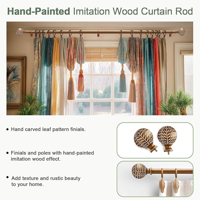 2 Pack Gold Curtain Rods for Windows 48 to 84 Inch,1'' Diameter Drapery Rods with Imitation Wood Grain Leaf Pattern Finials,Boho Adjustable Heavy Duty Curtain Rods Set,36-88'',Antique-Gold Wood
