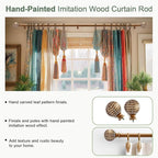2 Pack Gold Curtain Rods for Windows 48 to 84 Inch,1'' Diameter Drapery Rods with Imitation Wood Grain Leaf Pattern Finials,Boho Adjustable Heavy Duty Curtain Rods Set,36-88'',Antique-Gold Wood