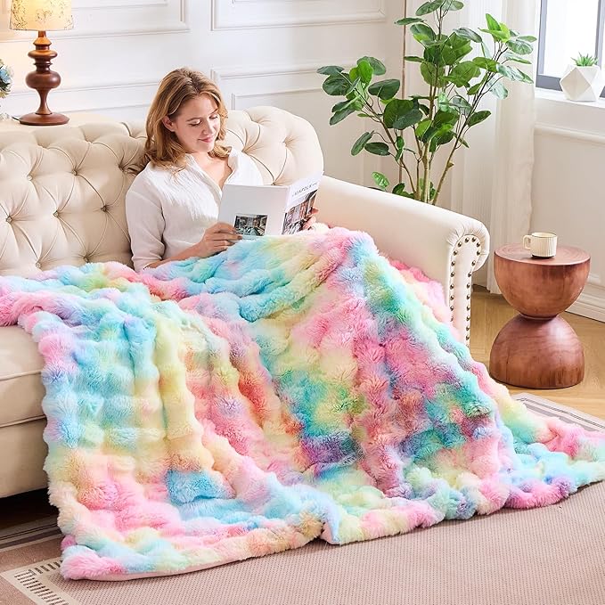 Lotus Karen Faux Fur Throw Blanket Rainbow - Big Bubble Rabbit Fluff Blanket for Couch, Small Fluffy Fuzzy Cozy Blanket, Thick Furry Plush Shaggy Blankets, 50x60 Inches