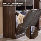Modern Double Tilt-Out Trash Cabinet, 20 Gallon Fluted Laundry Hamper Cabinet with 2 Drawers, Wooden Hidden Garbage Can Cabinet w/Storage Basket,Free Standing for Kitchen & Living Room, Brown