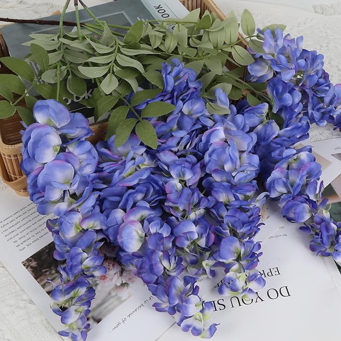 4PCS Blue Artificial Wisteria Hanging Flowers 40'' Tall Lush Fake Wisteria Flowers for Floor Vases Silk Flowers for Wedding Arch Ceremony Window Box Home Garden Backdrop Decoration (Blue)
