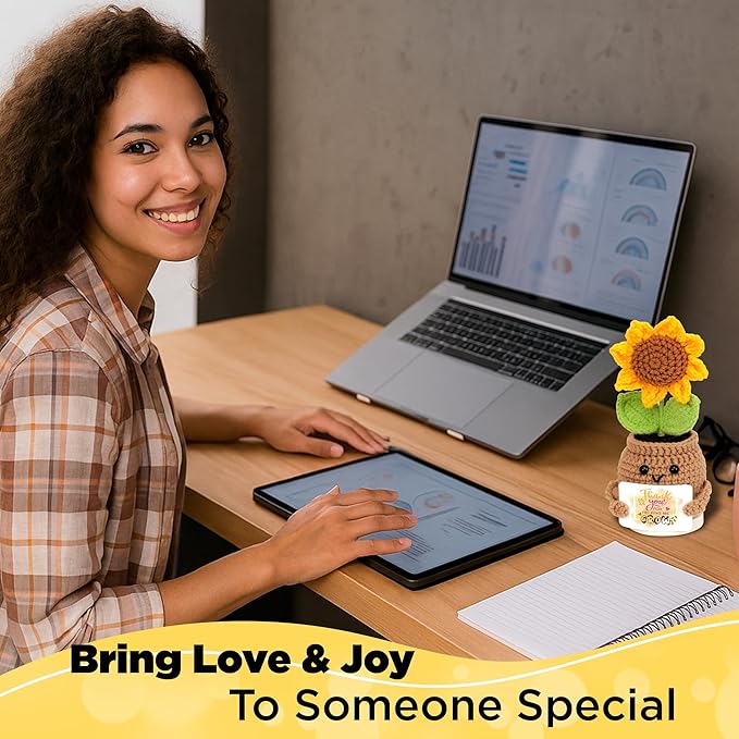 Crochet Sunflower Doll with Positive Cards – Emotional Support Stand with Magnetic Hands Hold Custom Cards - Thank You for Helping Me Grow Gift for Teachers, Coworkers & Friends