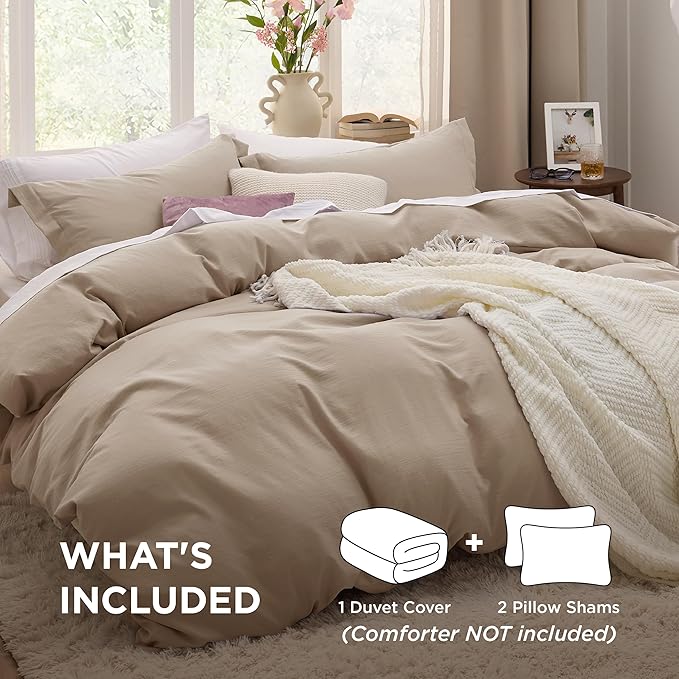 Bedsure Deep Beige Duvet Cover Full Size - 3 Pieces Prewashed Extra Soft Cotton-Like Bedding Set, Includes 1 Duvet Cover 80x90 Inches with Zipper Closure & 2 Pillow Shams, Comforter Not Included