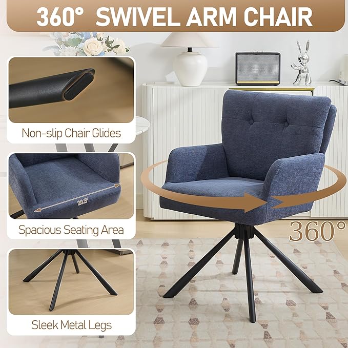Fabric Dining Chair Modern Upholstered Swivel Dining Room Chairs Comfy Accent Armchair with Mid Back, Desk Arm Chair No Wheels for Kitchen/Living Room/Dining Room, Navy